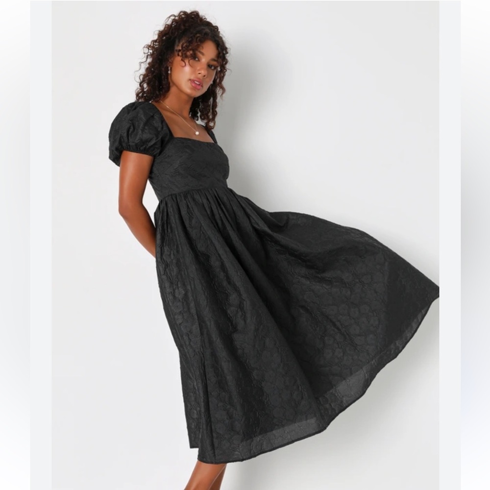 Lulus Adorable Mood Solid Black Floral Jacquard Puff Sleeve Babydoll Midi Dress